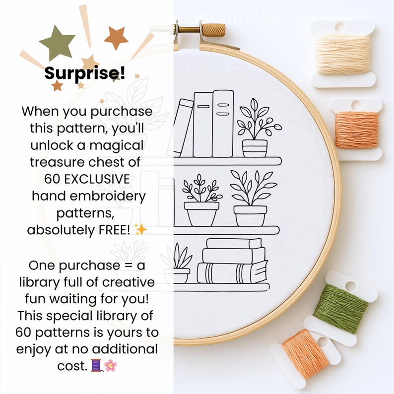 Plants Bookshelf Hand Embroidery Pattern: Book Lover DIY (PDF Pattern ...