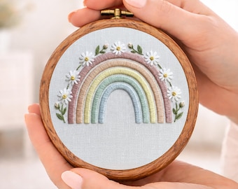 Rainbow Flower Hand Embroidery Pattern: Boho Art, modern craft (Digital File)
