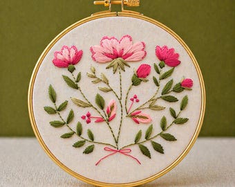 Patrón de bordado floral rosa en PDF, descarga instantánea, apto para principiantes, arte con aro de primavera, ramo de cosmos, lazo, imprimible, decoración de pared para bordado.