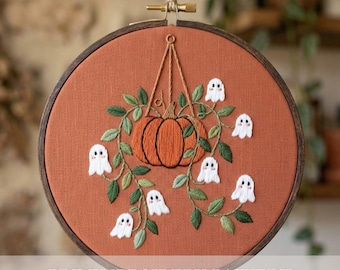 Hanging Pumpkin Planter Embroidery Pattern Halloween Ghost Vine Design Digital Download PDF Color Guide Six Sizes Beginner Hoop Nursery Arts