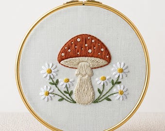 Cottagecore Toadstool PDF Spotted Mushroom Wildflower Hoop Beginner Needlework Botanical Forest Decor Instant Download Satin Stitch Gift