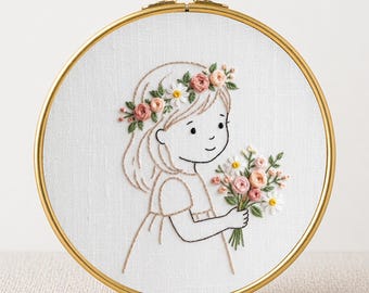 Flower Crown Girl Embroidery PDF Instant Download Nursery Wall Art Printable Hoop Pattern Cottagecore Decor Needlework Gift for Her