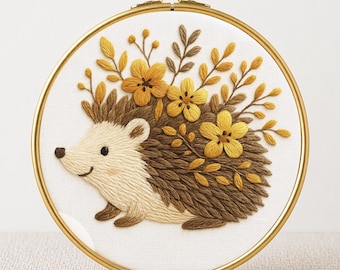 Hedgehog Embroidery Pattern: Floral Beginner Hand Stitching, hoop art (PDF Pattern)