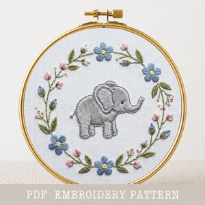 Bloemen handborduurpatroon olifant, handwerk, borduurring (pdf-patroon)