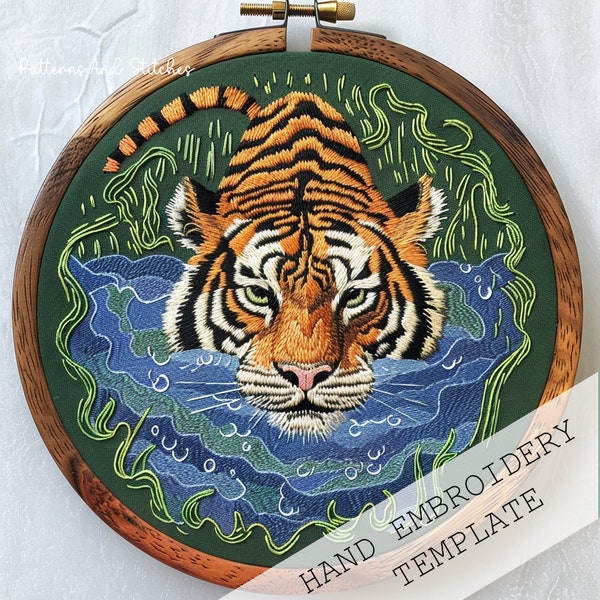 Tiger in the jungle Hand Embroidery template, DIY Embroidery, Hoop art, Hand Embroidery, Wall Decor, Housewarming Gif, creative embroidery