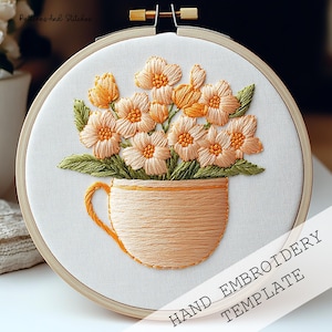 Floral Tea Cup Embroidery Pattern, Tea Cup Embroidery Pattern, Tea Time Embroidery, Tea Cup with Flowers, Spring Embroidery, Handmade crafts