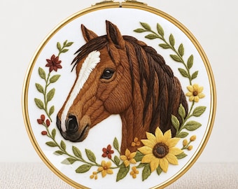 Handbroderimönster med blommig häst: Design av gårdsdjur (PDF-mönster)