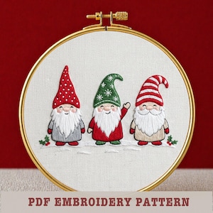 Gnome Embroidery Art: Christmas Tree Decor Pattern, idea gift (PDF template) Three Tomte Scandinavian Nordic Satin Stitch Holiday Art