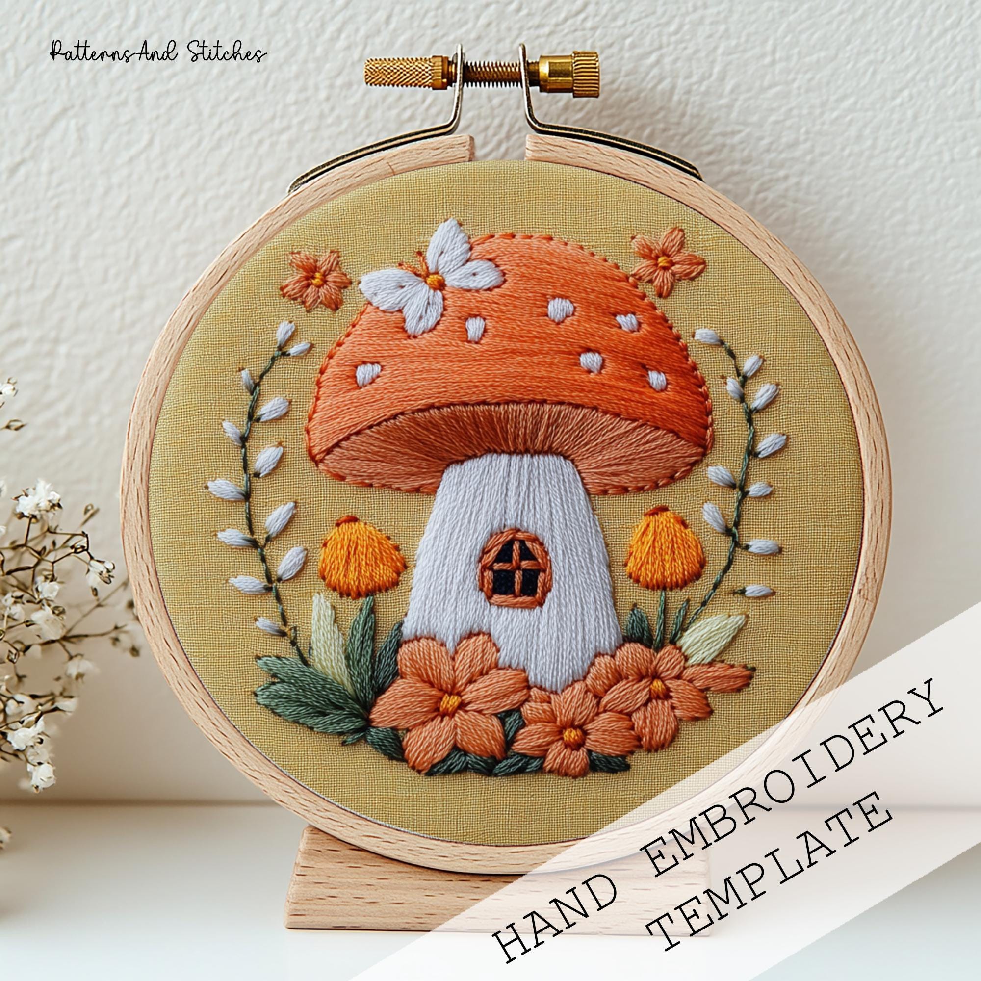 キノコの妖精の家刺繍パターン：コテージコアアート（デジタル
