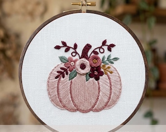 Blush Pink Pumpkin Hand Embroidery Pattern,  Fall Floral Design (PDF Pattern), thanksgiving template
