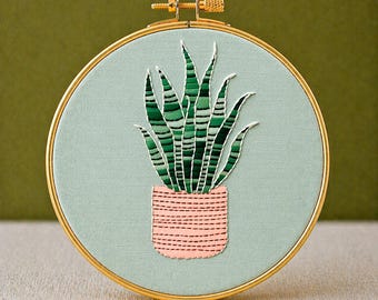 Schema per ricamo di Sansevieria, arte botanica, regalo per la mamma, ricamo di piante, minimalista, punto satin moderno, cerchio, decorazione per piante