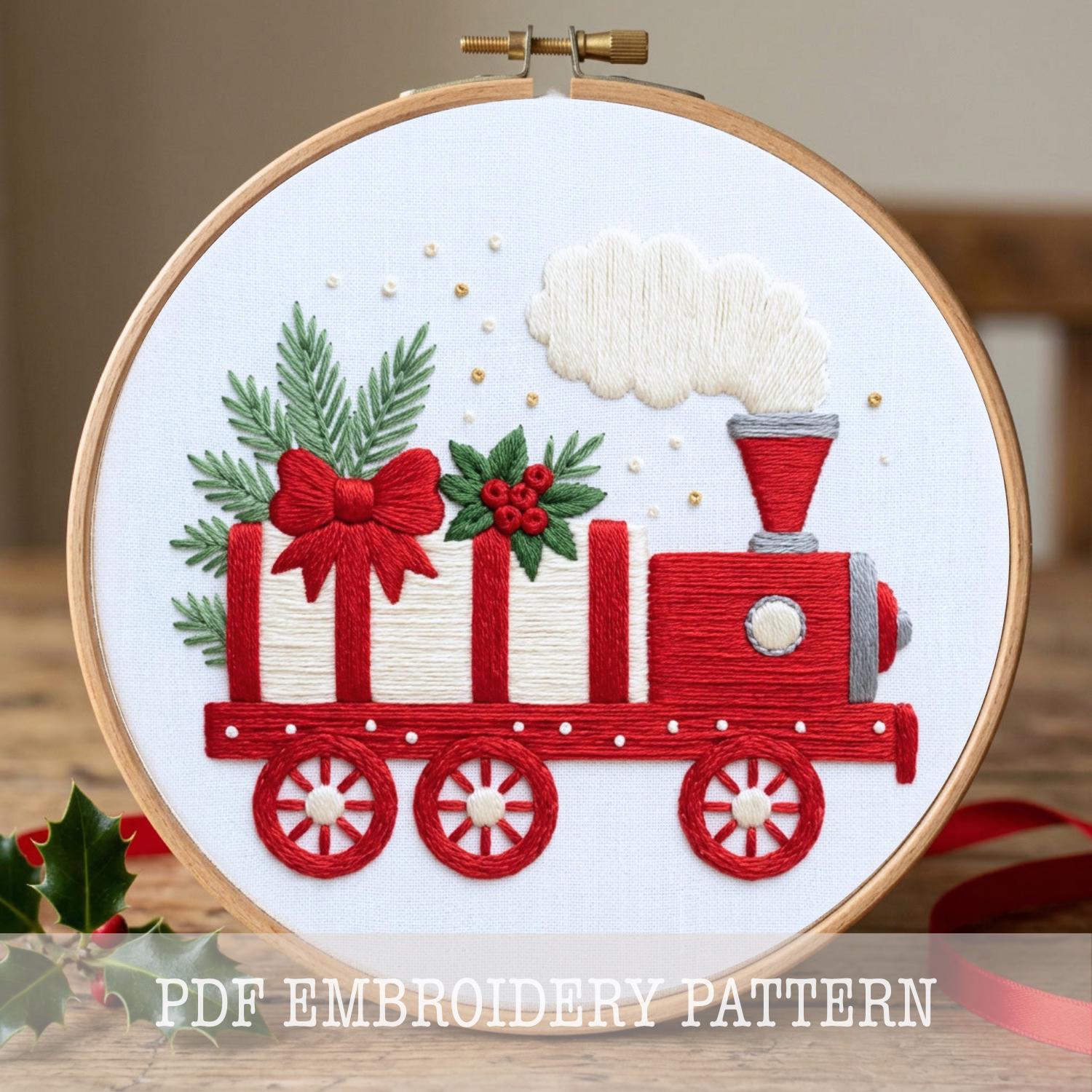 クリスマス列車の刺繍パターン2点セット：ヴィンテージホリデーフープ