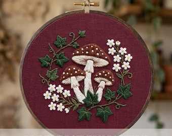 Mushroom Trio Embroidery Pattern PDF Digital Download Fall Daisy Hand Embroidery Design Beginner Friendly Autumn Hoop Art Wall Decor Present