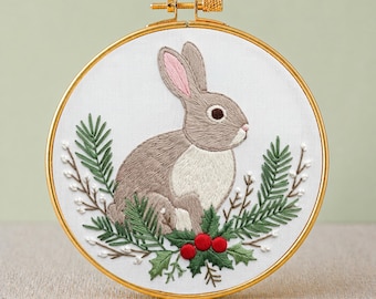 Winter Rabbit Holly Embroidery PDF Bunny Pine Branch Hoop Art Christmas Nature Decor Woodland Seasonal Wall Art Needle Painting Download