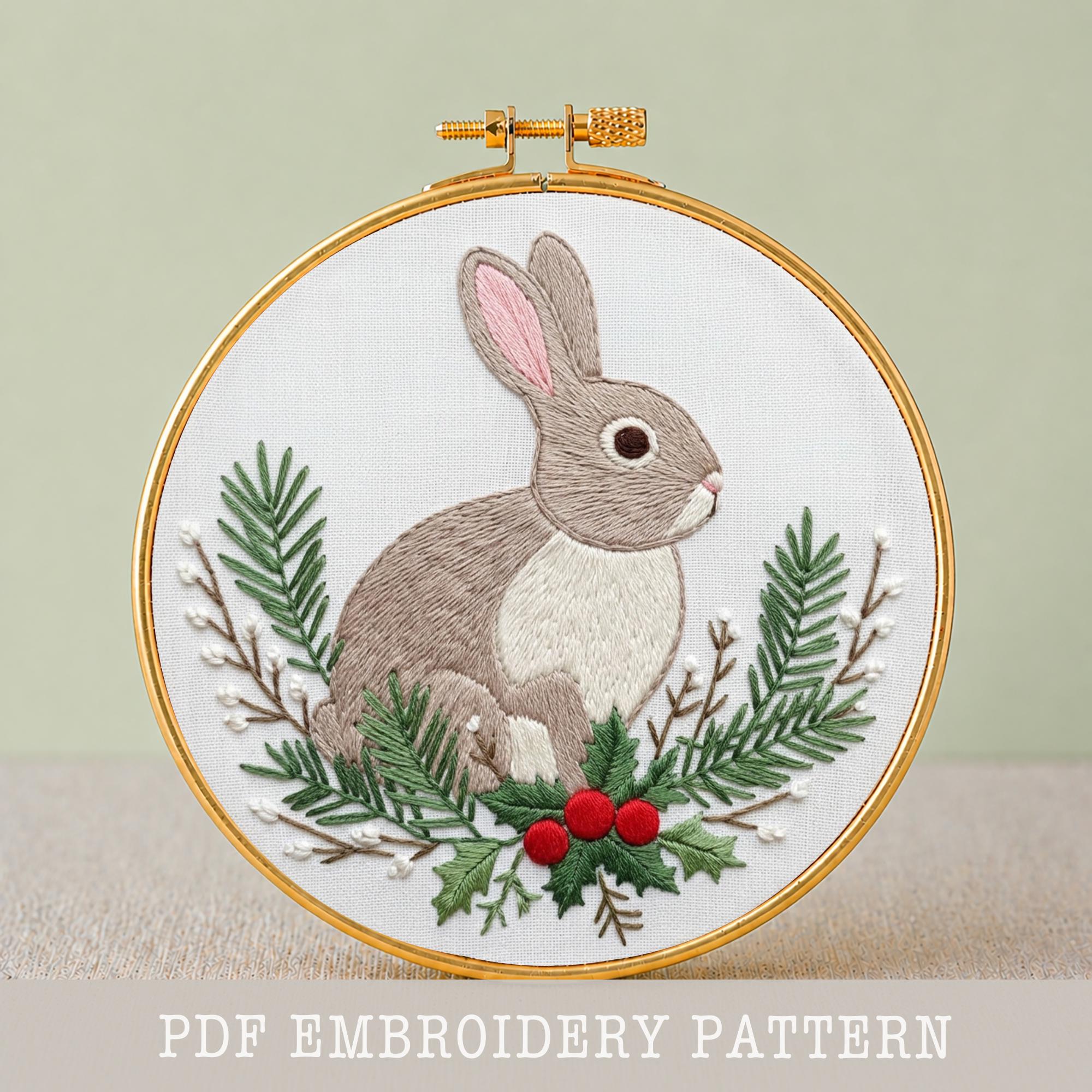 Winter Rabbit Holly Embroidery PDF Bunny Pine Branch Hoop Art Christmas ...