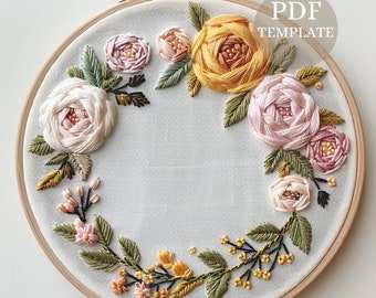 Floral wreath Hand embroidery template, Embroidery pattern, Wedding Embroidery design, Beginner embroidery template, Creative embroidery art