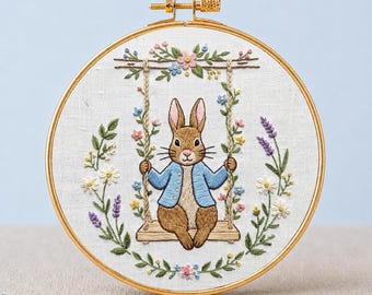 Floral Peter Rabbit Embroidery PDF Garden Swing Hoop Art Dreamy Nursery Romantic Botanical Decor Grandma Hobby Storybook Printable template