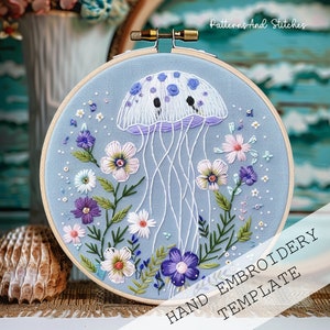 Jellyfish Embroidery Template, Floral Jellyfish Needlepoint Pattern, Ocean Embroidery Design, Beach Lover, Summer Embroidery, PDF pattern