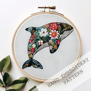 Ocean Life Embroidery Pattern, whale Embroidery Pattern, Hand Embroidery Pattern, PDF Instant Download, floral whale embroidery, hoop art