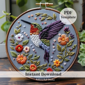Ricamo colibrì primaverile, modello PDF, modello colibrì, modello uccello primaverile, arte del ricamo, pittura con filo per ricamo di animali selvatici