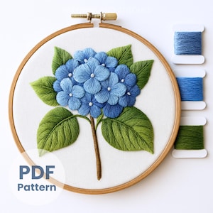 Blue Hydrangea Embroidery Pattern: Floral Needlework (PDF Download, 6 Sizes)