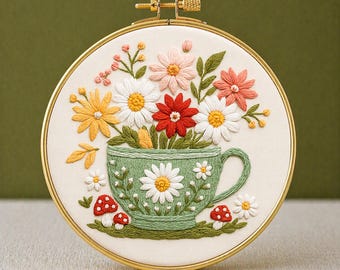 Cottagecore Embroidery Pattern, Teacup Flowers, Wildflower Mug (PDF Pattern)