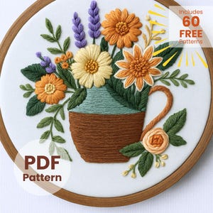 Floral Teacup Embroidery template, Instant Download, DIY Embroidery, Hoop art, Tea Embroidery, Gift For Tea Lover, Handmade Gift, idea gift