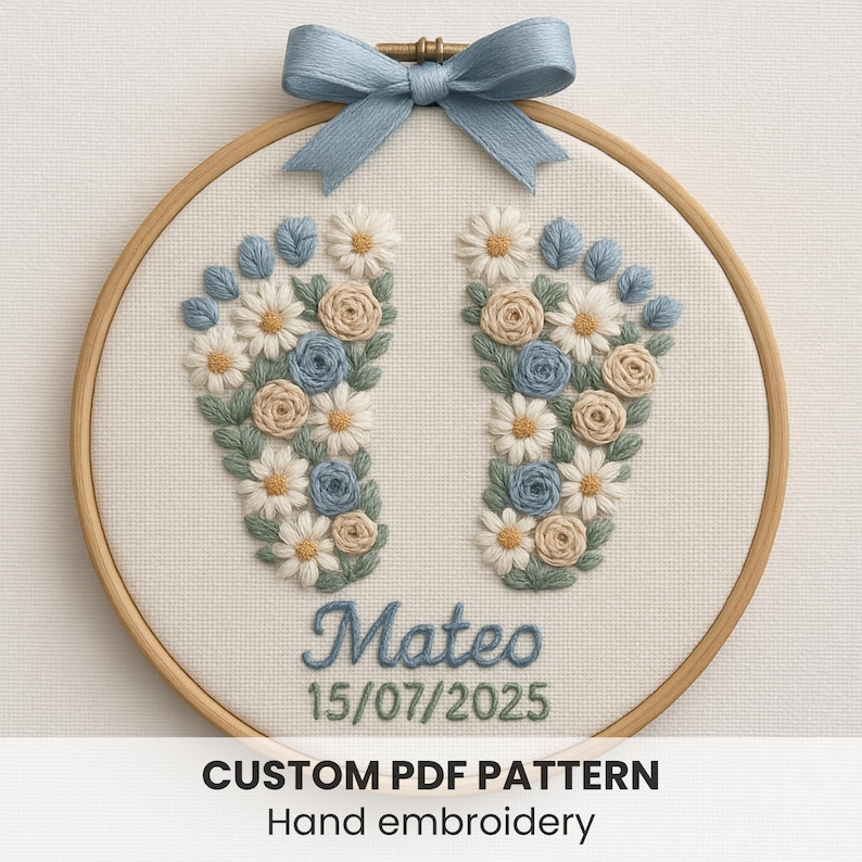 May include: Embroidered baby feet design in a wooden hoop. The design features blue, white, and tan flowers arranged in the shape of footprints. The name "Mateo" and the date "15/07/2025" are embroidered below the feet. A blue ribbon bow is at the top.