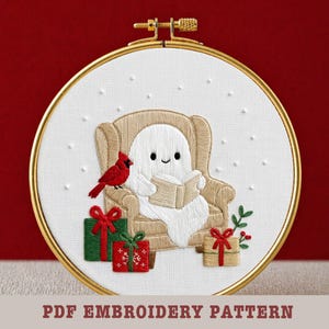 Padrão de bordado à mão em PDF de um fantasma lendo, ponto festivo de inverno, presente de Natal, motivo de pássaro cardeal, decoração sazonal festiva, presente de Natal.