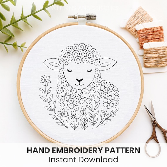 羊の刺繍パターン：DIY保育園の装飾、モダンクラフト（PDFパターン