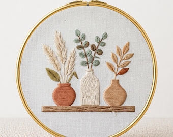 Boho Embroidery Pattern PDF Digital Download Hand Embroidery Hoop Art Beginner Friendly Dried Botanicals Vases Neutral Wall Art Needlework