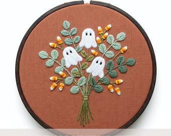 Ghost Bouquet Embroidery Pattern Halloween Candy Corn Floral Design Digital Download PDF Color Guide Six Sizes Beginner Hoop Wall Craft Idea