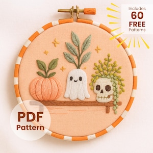Spooky embroidery PDF pattern with Halloween ghost pumpkin skull plant shelf design, hand embroidery hoop art, autumn décor, fall stitching