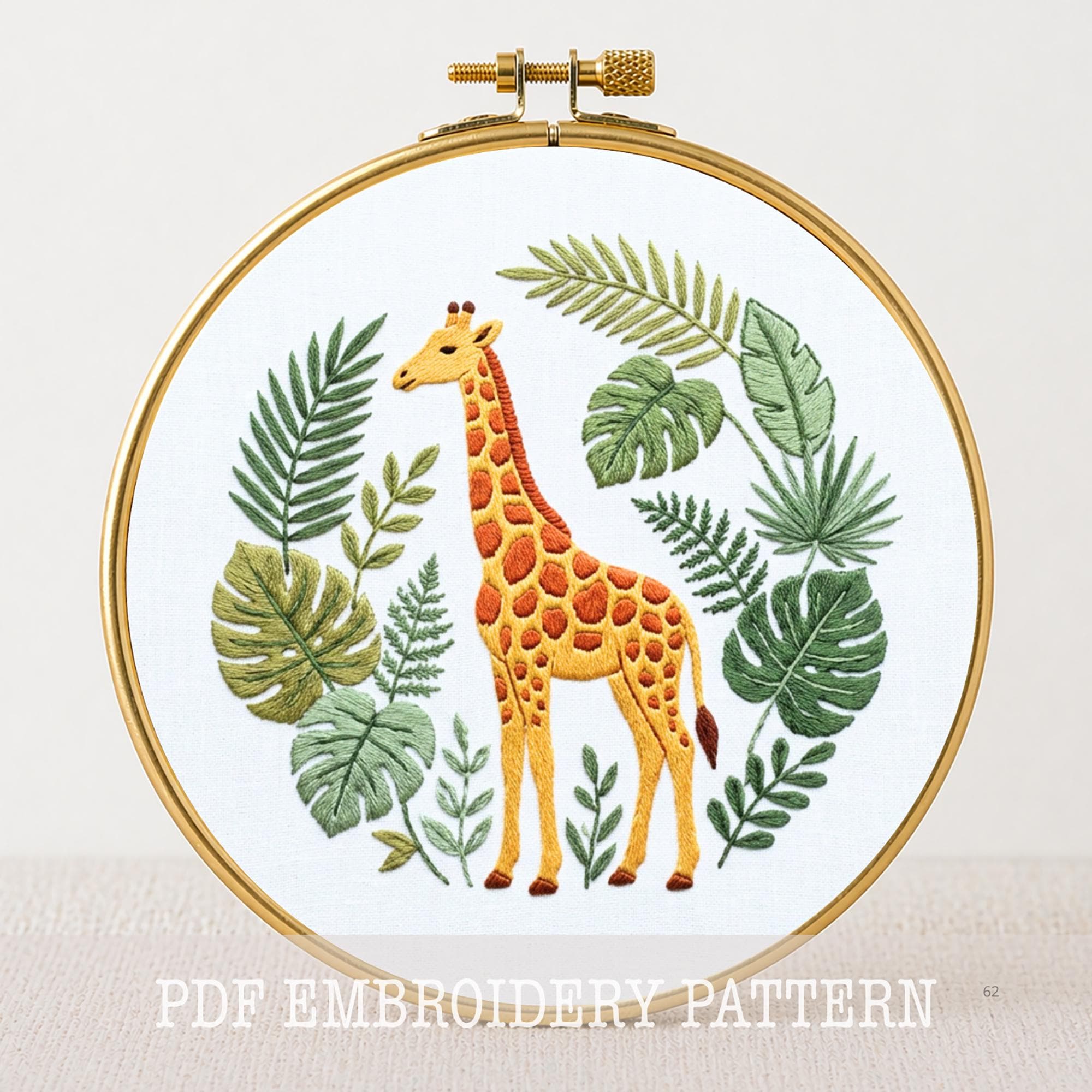 キリンの手刺繍デザイン：サファリ動物アート、簡単クラフト（PDF