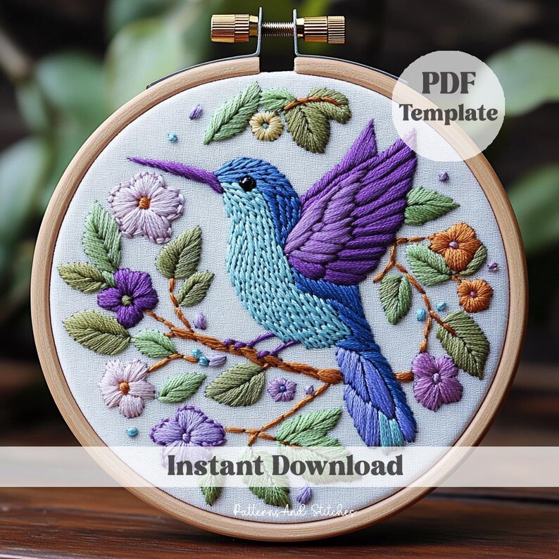 Hummingbird Embroidery Pattern: DIY Hoop Art, Hand Stitching File (PDF ...