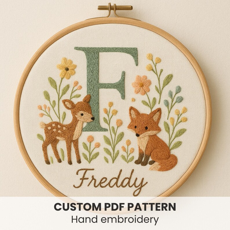 Custom Woodland Animal Name Embroidery Pattern: Fox & Fawn Hoop Art ...