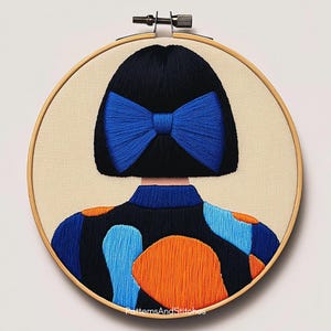 May include: An embroidered hoop art piece featuring a stylized figure with black hair and a large blue bow. The figure wears a black top with blue and orange abstract shapes. The background is a neutral beige fabric.