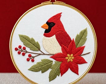 Red Cardinal Stickmuster, Weihnachtsstern, Weihnachtsdesign, Wohnkultur (PDF-Muster)
