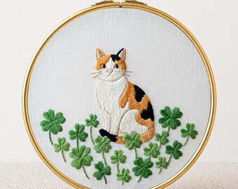 Calico Cat Embroidery Pattern PDF Digital Download Clover Hoop Art Beginner Friendly Needlework Wall Art Kids Room Decor Cat Lover Gift