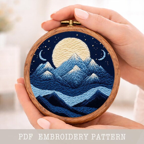 山岳風景の手刺繍パターン：簡単なフープアート（PDFパターン） - Etsy