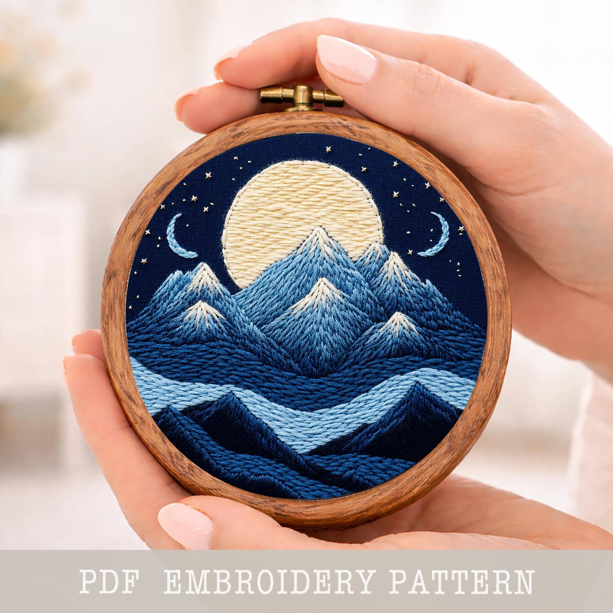 山岳風景の手刺繍パターン：簡単なフープアート（PDFパターン） - Etsy