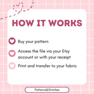 May include: A pink and white graphic with the text "HOW IT WORKS" in a dark pink font. The graphic explains the steps to buy a pattern, access the file, and print it. The bottom of the graphic says "Patterns&Stitches".