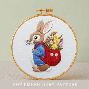 Peter Kanin Broderimönster PDF Sagobok Kanin Hoop Konst Klädd Kanin Blomma Väska Beatrix Potter Inspirerad Barnkammardekor DIY Nedladdning