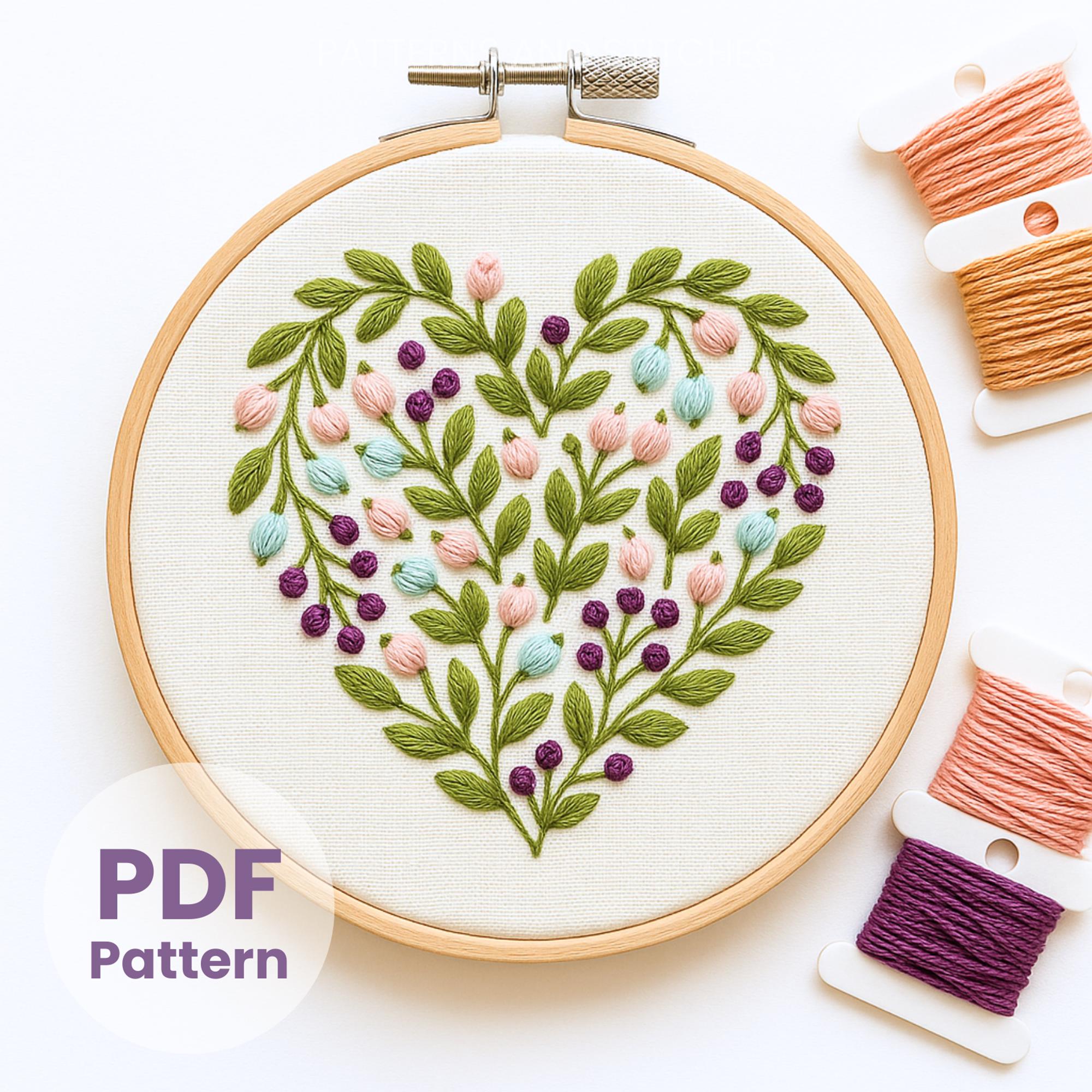 Heart Embroidery Pattern, Floral Hand Embroidery PDF: Romantic Hoop Art ...