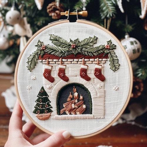 Cozy Christmas Fireplace Hand Embroidery Pattern, Holiday Crafts