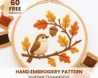 Autumn Bird Embroidery Pattern: Fall Forest Needlepoint Design (PDF Template)