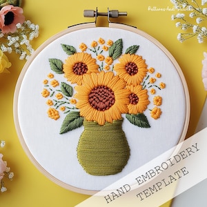 Vase of Sunflowers Hand Embroidery Pattern, Sunflowers Pattern, Summer Flowers Design, Hand Embroidery Pattern, Modern DIY Stitch Design
