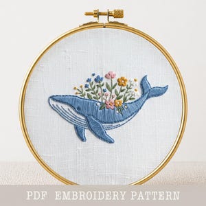 Floral Whale Embroidery Pattern: Ocean Life Hoop Art,  printable template (PDF Download)