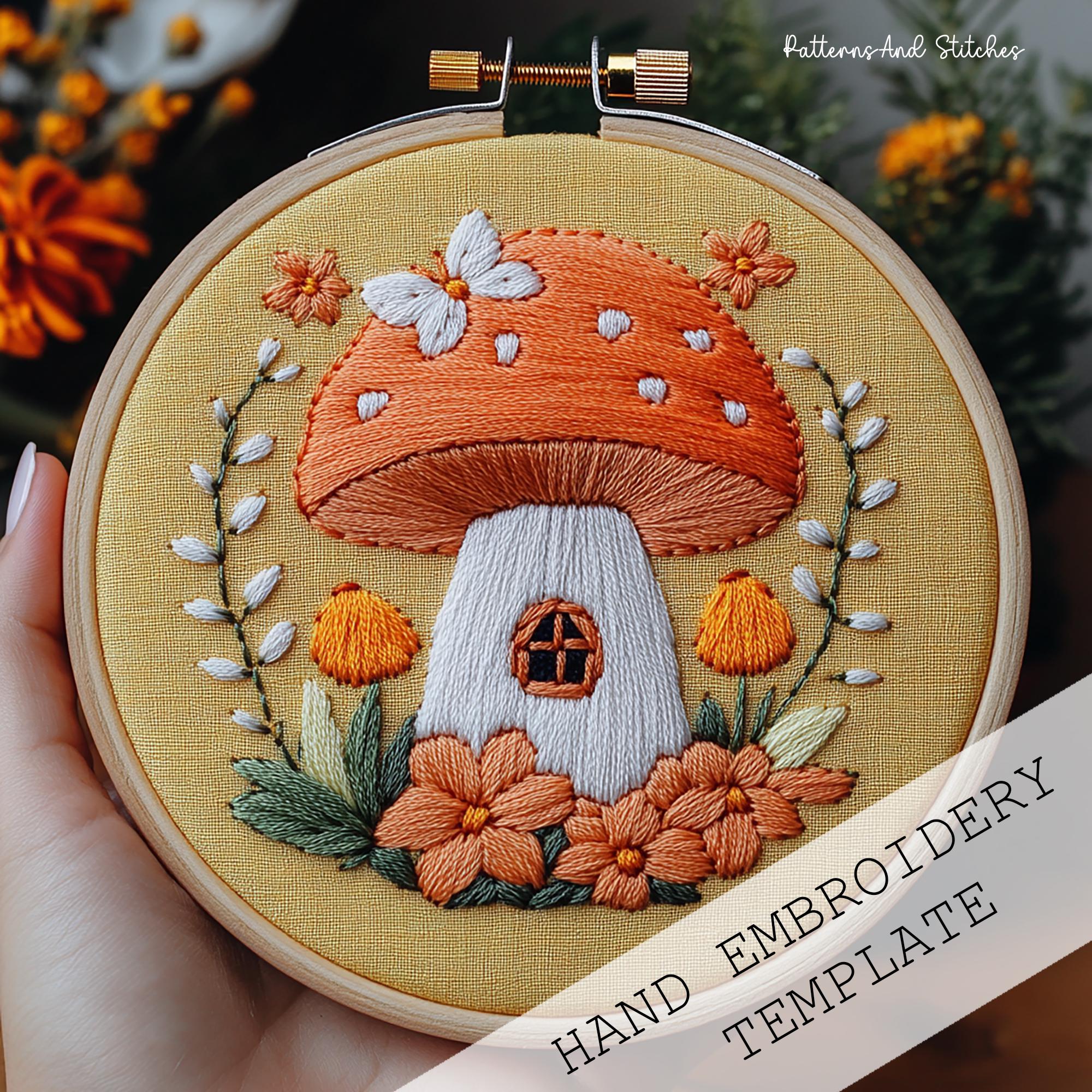 キノコの妖精の家刺繍パターン：コテージコアアート（デジタル