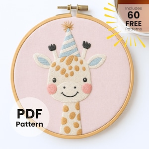 Giraffe with Party hat Embroidery Pattern, Whimsical Animal Hand Embroidery PDF, Safari Wildlife Hoop Art & DIY Stitching, DIY party decor